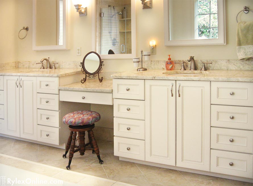Multi Level Bathroom Vanity Cabinets, Granite Counters and Matching Mirror Recessed Cabinets