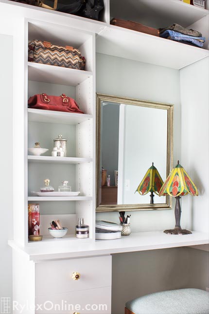 Closet Vanity Table with Overhead Shelving Storage and Drawers