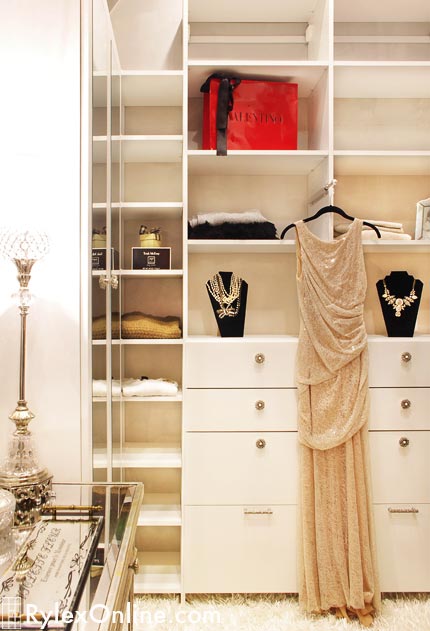L-Shaped Closet Dressing Room with Cabinet for Jewelry and Hamper Drawers with Glitzy Hardware