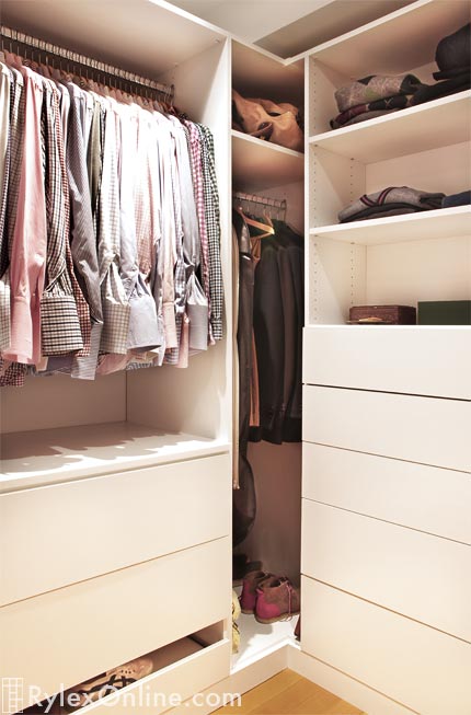 Linear Hanging Closet with Cabinet Drawers and Open Shelving