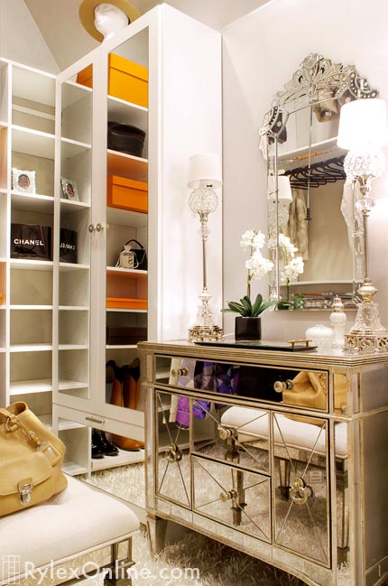 White Mirrored Closet Cabinet with Mirrored Drawer and Open Shelving