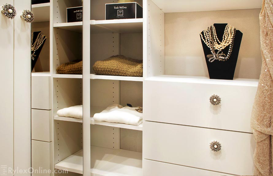 Mirrored Dressing Room Cabinet with Jewelry Drawer Cabinet and Open Shelves