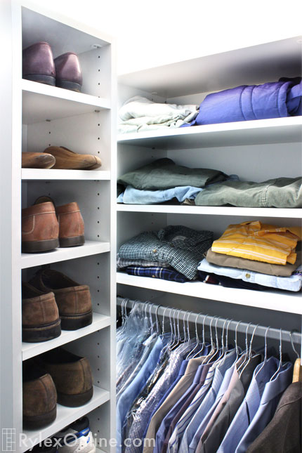 Angled Wall Closet with Men's Shoe Shelves and Hanging Space