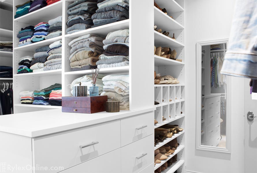 Closet Island Cabinet Drawers and Open Shelves White Finish