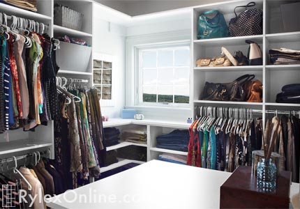 Women's White Closet Center Island with Window Cabinet Shelves and Open Shelving