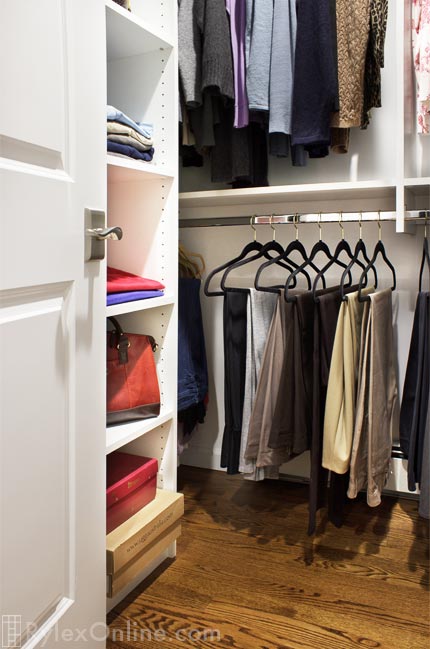 White Walk-In Closet Lower Hanging Space and Open Shelving