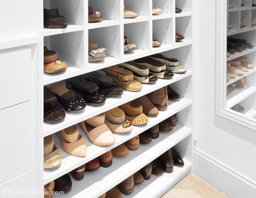 White Closet Adjustable Shoe Shelves and Shoe Cubbies