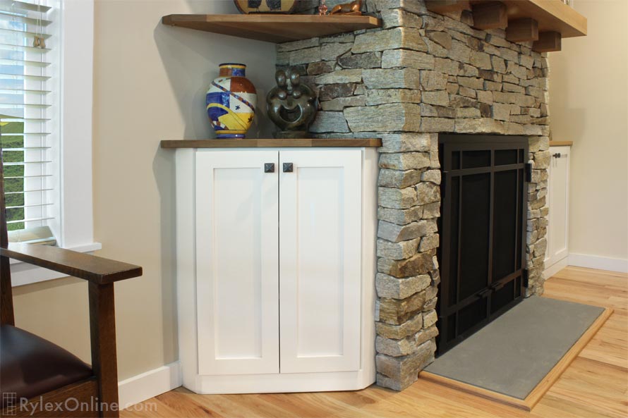Fireplace Corner Cabinet with Wood Shelves Close Up
