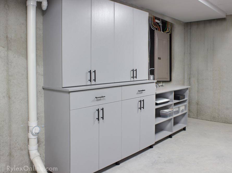 Basement Storage Cabinets with Drawers and Open Shelving