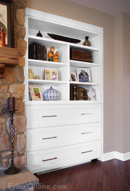 Fireplace Bedroom Cabinet with Open Display Shelves and Generous Drawers