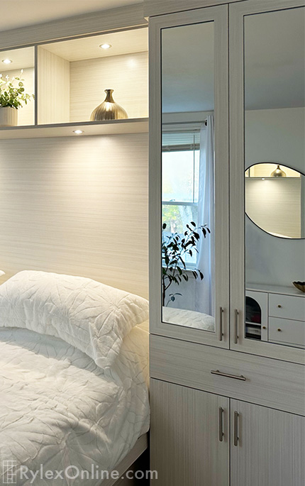 Bedroom Cabinets with Mirrored Doors and Over Bed Shelving