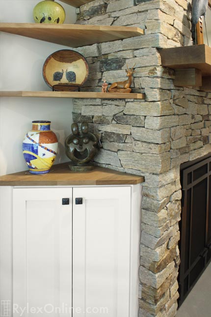 Corner Fireplace Cabinet with Wood Top and Two Floating Shelves