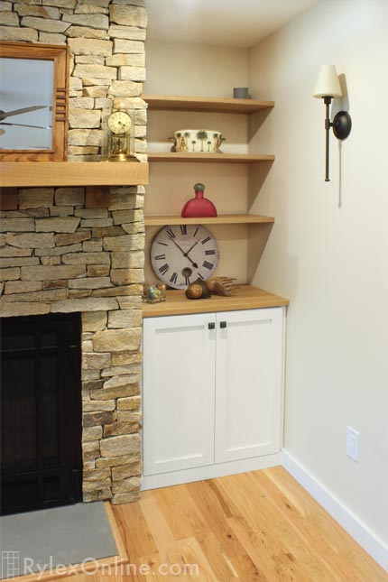 Fireplace Alcove Cabinet with Floating Wood Shelves