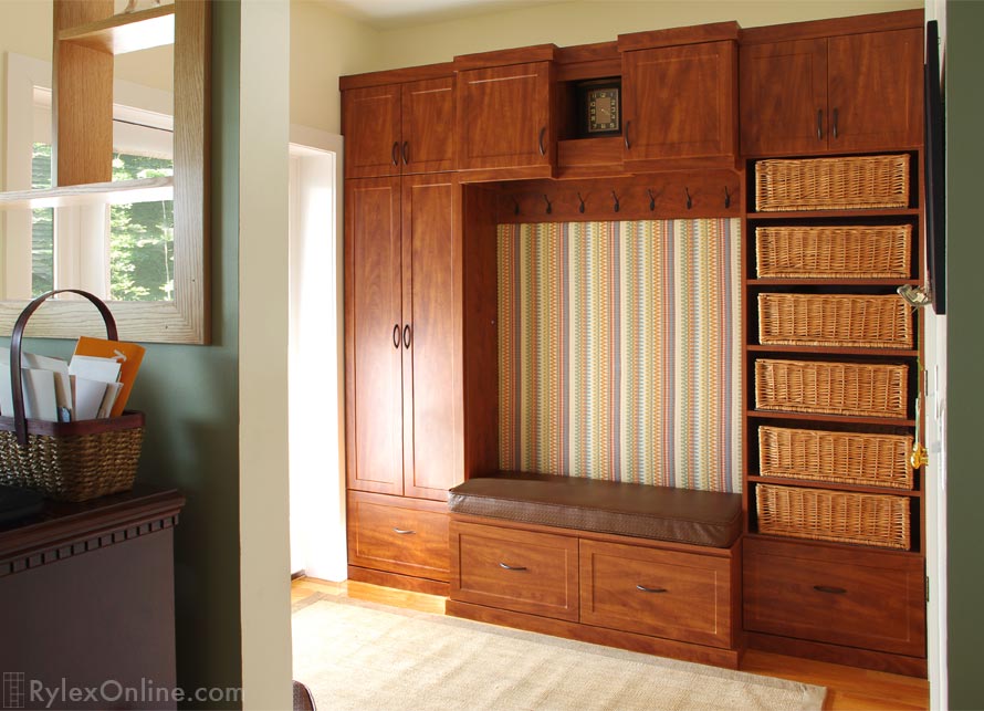 Stylish Entryway Cabinet with Cushioned Boot Storage Bench, Coat Storage Hooks and Shelf Baskets