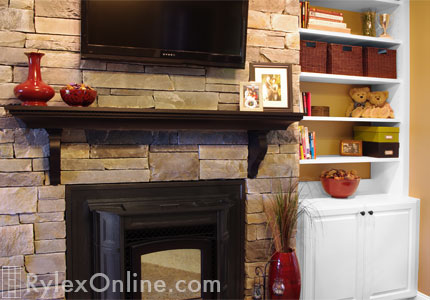 Fireplace Mantel with White Cabinet and Shelves