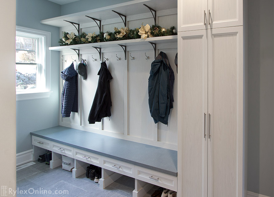 Mudroom with Coat Hooks, Decorative Cast Iron Shelf Brackets, Bench with Drawers and Storage Cabinet
