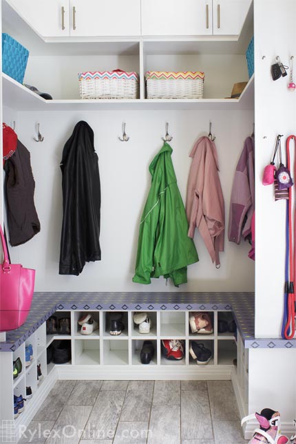 Mudroom with Plenty of Storage and Shoe Cubbies Topped with a Fun Laminate