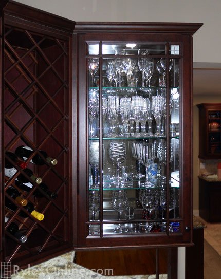 Wine Bar Glass Storage Cabinet with Sparkling Glass Door Inserts Close Up