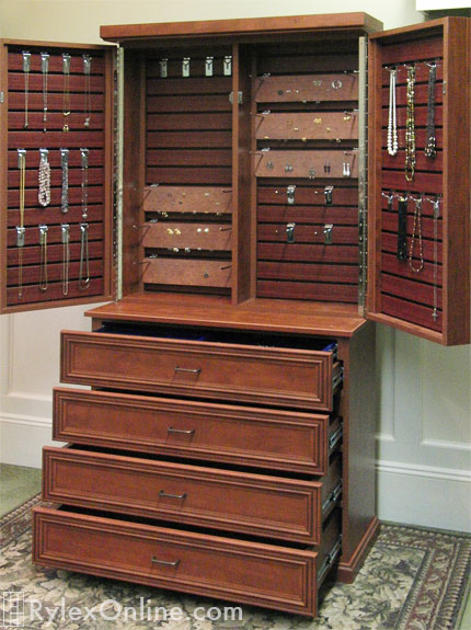 Jewelry Cabinet with 4 Jewelry Drawers and Necklace Doors