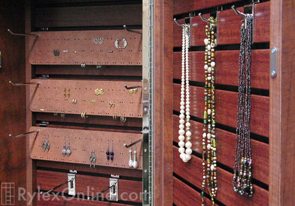 Jewelry Cabinet with Earring Cards and Necklace Door Close Up