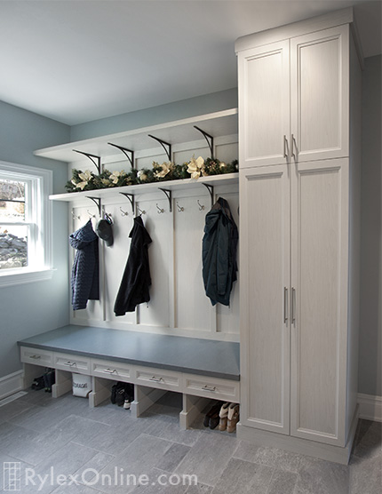 Mudroom Bench with Drawers, Open Shelves and Storage Cabinet