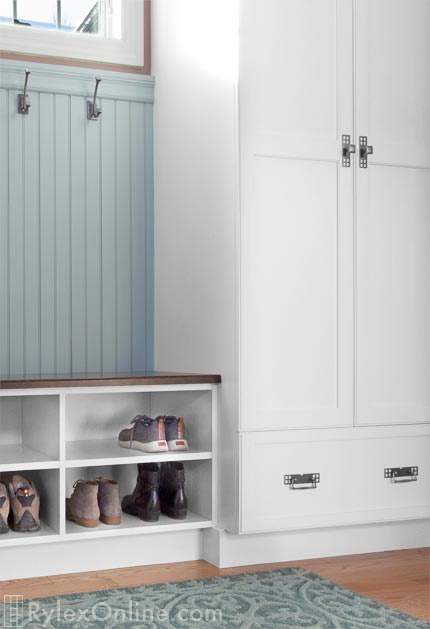 Mudroom Coat Hooks with Shoe Bench and Cabinet Drawers