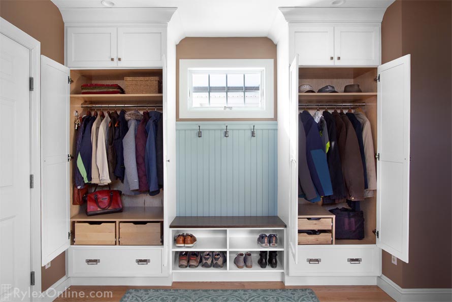 Entryway Mudroom Cabinets with Storage Drawers, Open Shelving with Wainscoting Trim