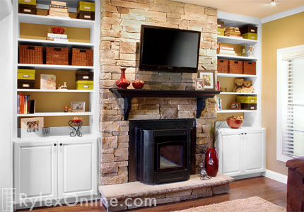 Pellet Stove Surround Storage Cabinets and Custom Mantel