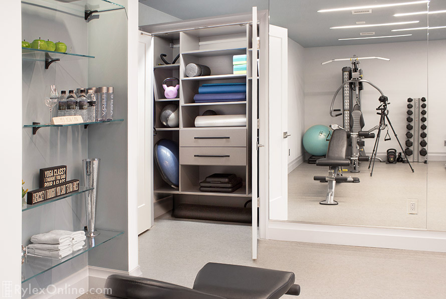 Glass Storage Shelves and Cabinet with Drawers for Home Gym