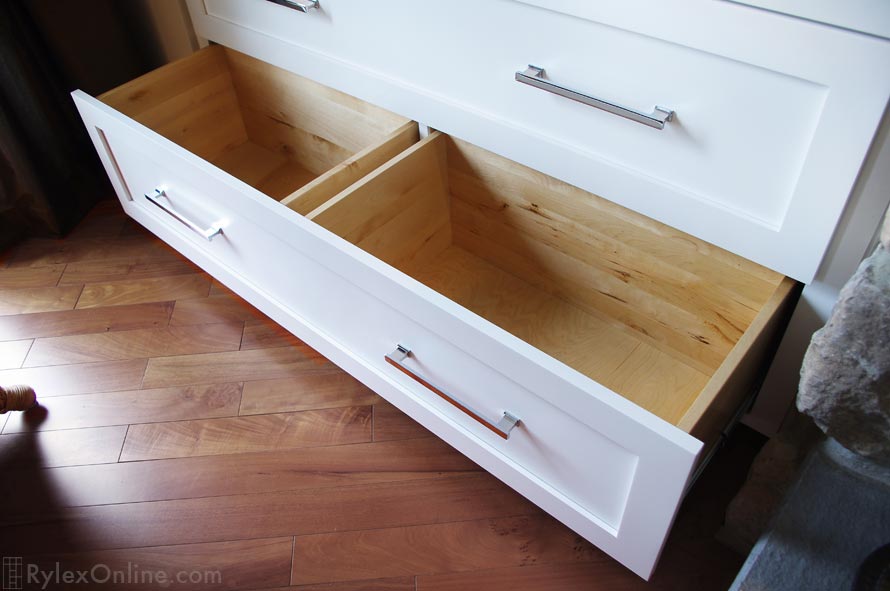 Two Compartment Divided Hamper Drawer Under One Drawer Face Close Up