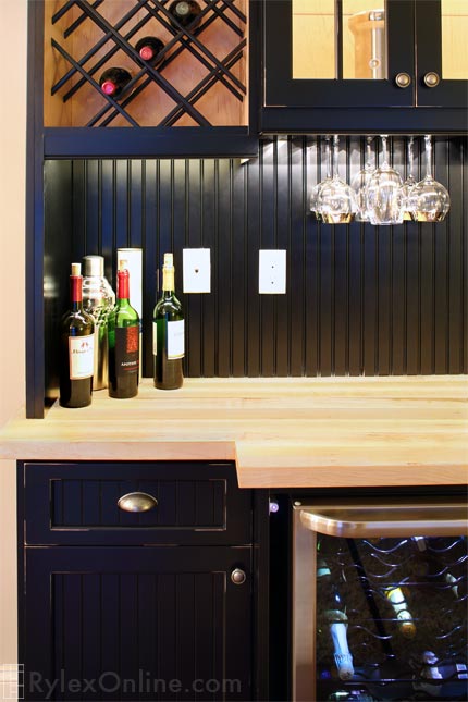 Wine Bar with Stemware Rack and Wood Counter Close Up