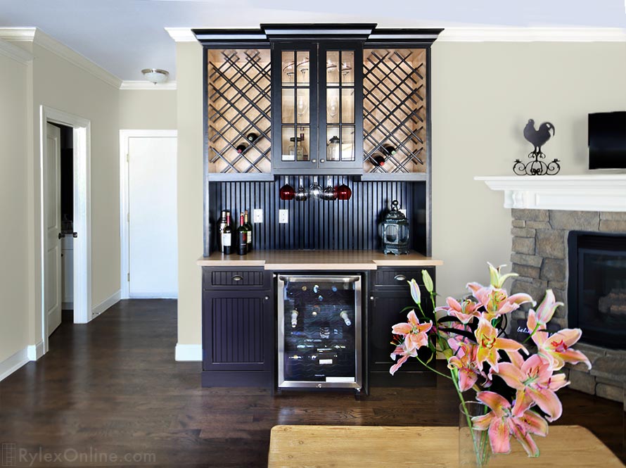Ebony Home Bar Dual Wine Cabinets, Hanging Stemware, Glass Door Cabinet with Butcher Block Counter and Two Lower Cabinets with Drawers Frame a Wine Cooler