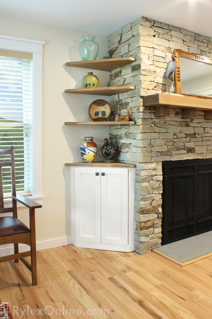 Fireplace Corner Cabinet and Full View of Corner Wood Floating Shelves