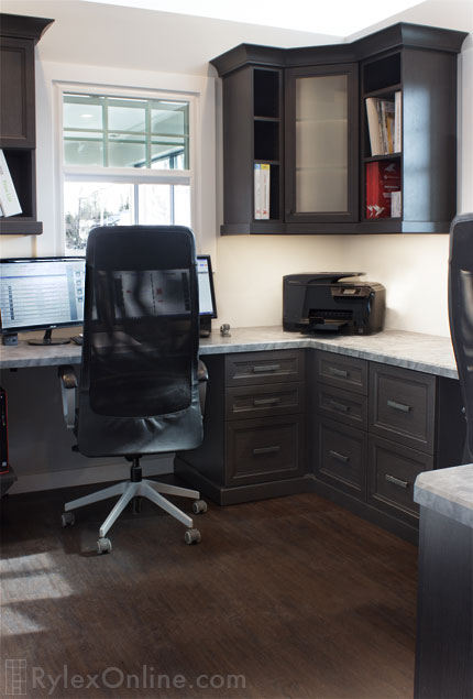 Office Workspace with Upper Corner Cabinet with Glass Door Insert and Open Shelves