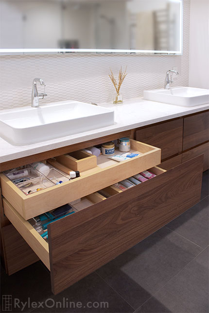 Double Tier Bathroom Vanity Drawer Wraps Around Sink Plumbing for Extra Storage