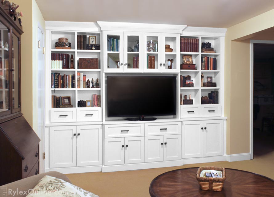 Floor to Ceiling Creamy White Entertainment Cabinets and Drawers