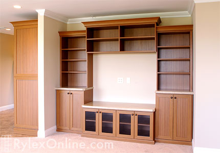 Compact Entertainment Center with Open Storage Shelves and Cabinet Doors with Glass Inserts and Countertops