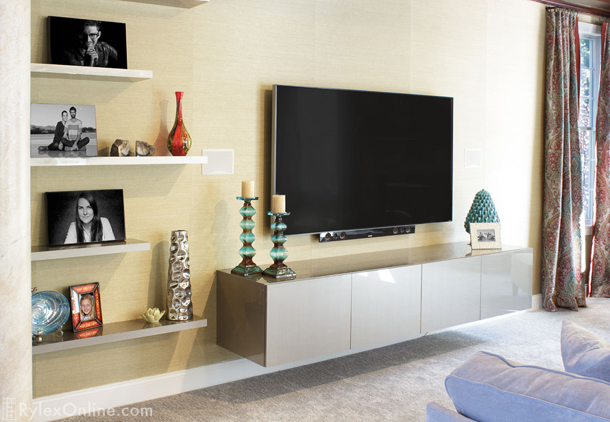 High Gloss Floating Entertainment Cabinet with Push-to-Open Doors and Matching Thick Floating Shelves