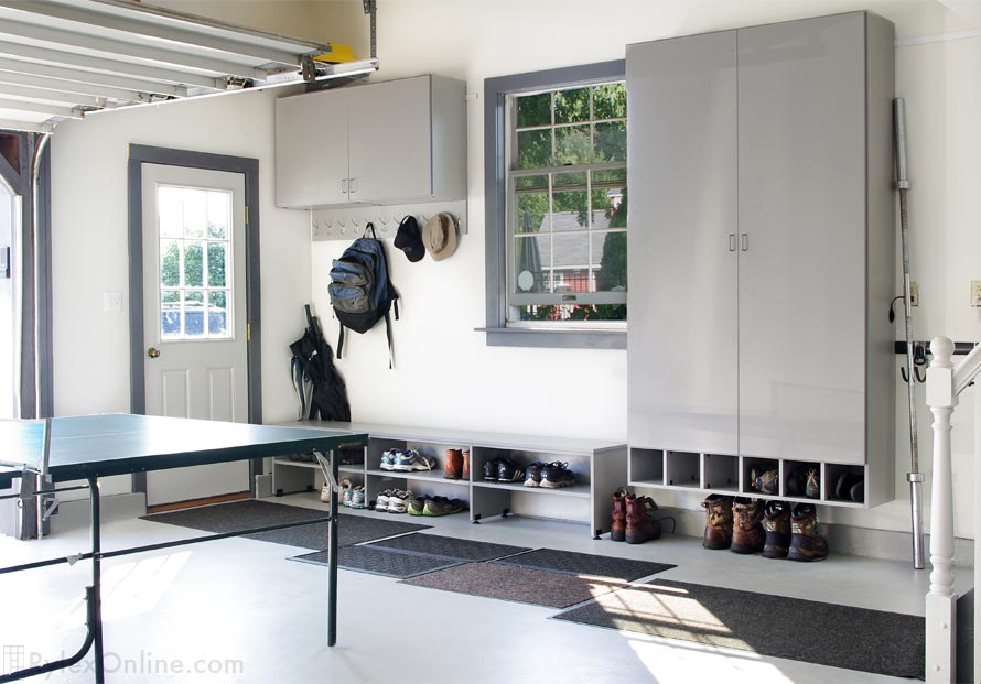 Garage Cabinets with Shoe Storage Bench and Shoe Cubbies