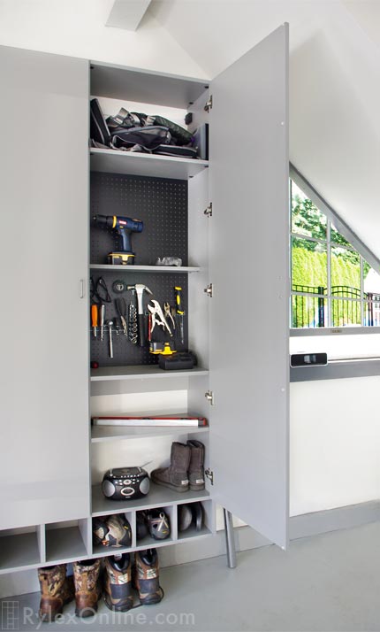 Garage Tool Cabinet with Pegboard and Shoe Cubbies