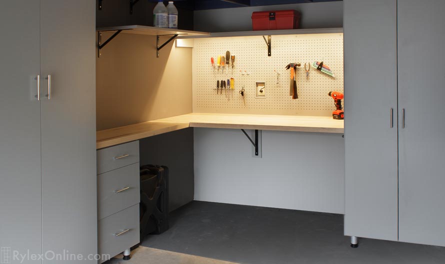 Garage Cabinet with Tool Pegboard and Maple Butcher Block Top