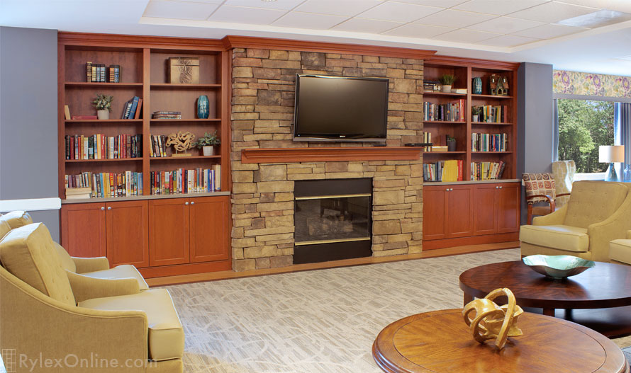 Dementia Care Community Room Cabinets Surround Fireplace