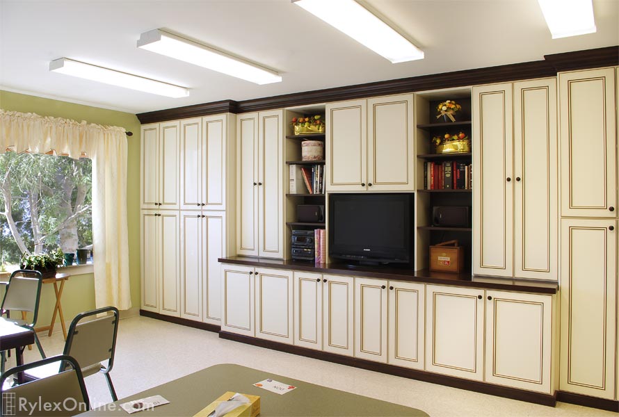 Assisted Living Entertainment Center Floor to Ceiling Cabinets and Shelves