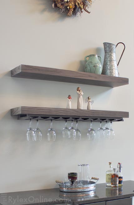 Thick Floating Shelves with Hanging Stemware Close Up