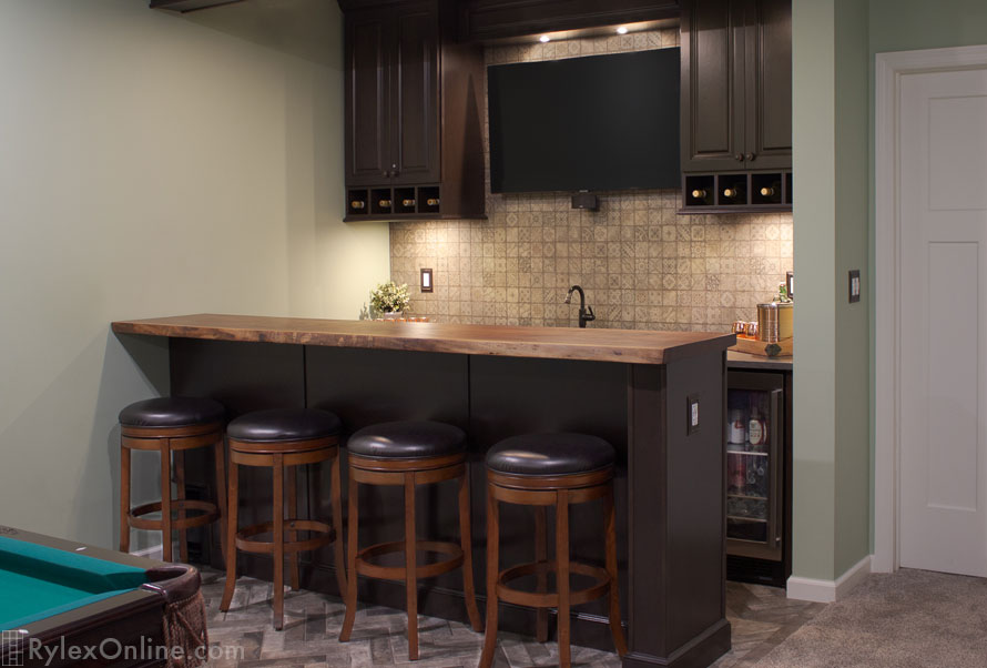 Basement Renovation Recreation Room with Home Bar and Wine Cabinets