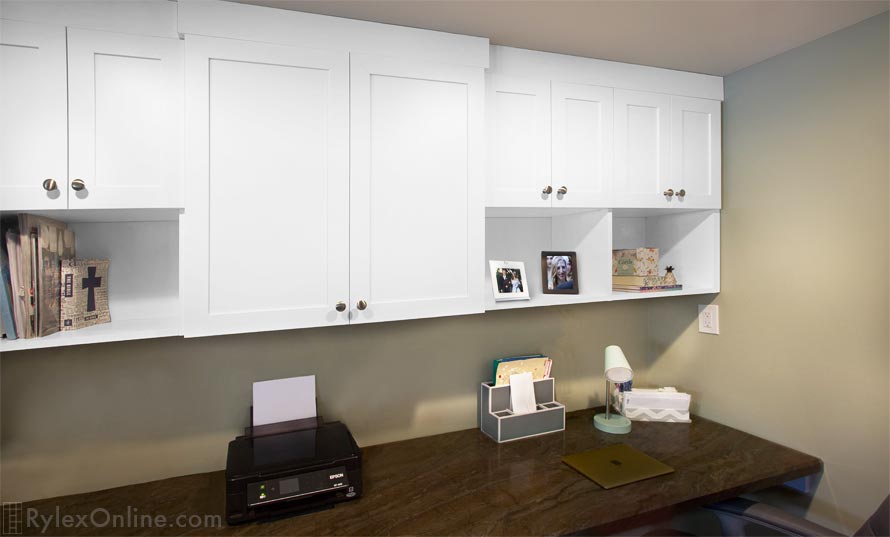 Home Office Cabinets with Open Book Shelves and Spacious Work Counter