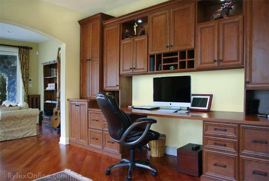 Home Office Cabinets with Crown Moulding, Storage Drawers and Overhead Storage