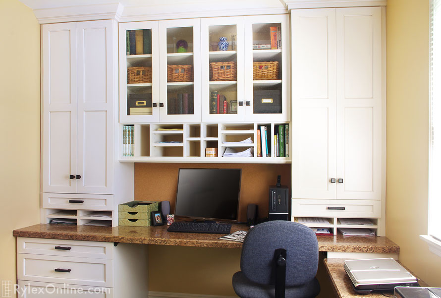 Home Office Cabinets with Bi-Level Desktop and Seeded Glass Door Inserts