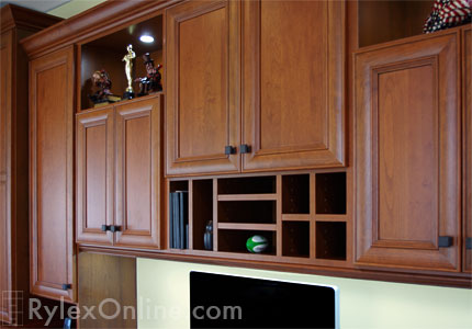 Home Office Overhead Cabinets with Paperwork Cubbies and Open Display Shelves