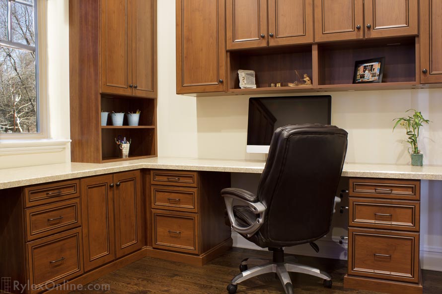 Shared Home Office with Expansive Desktop, Generous Cabinets with Open Shelving and Lower Cabinets and Drawers